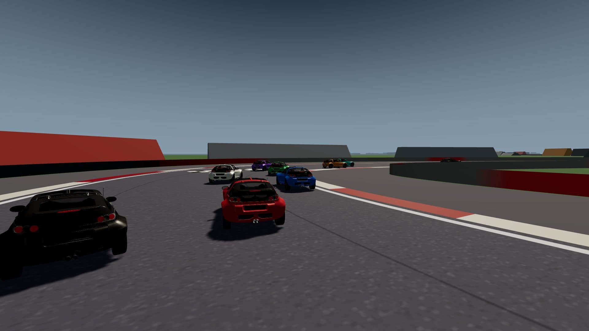 Een veld Smart Roadsters in de eerste bocht van Silverstone, in het spel
